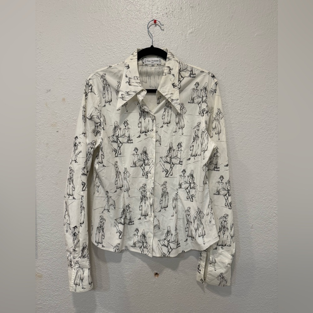 Anne Fontaine Paris Monty Blouse Women Size 4 Ivory Cotton Fashion Sketch Print